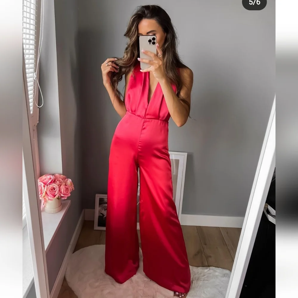 Zara * Satin Effect Jumpsuit Wide Leg Pink Long Size XS